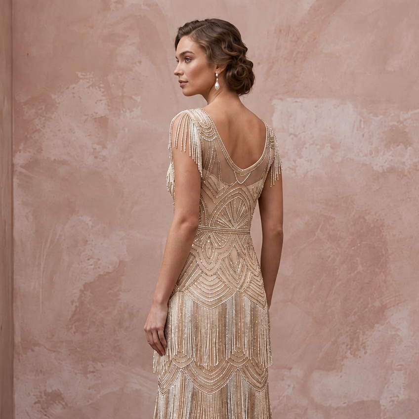 Champagne Beaded Art Deco Fringe Midi Dress for 1920s Themed Party - Apparel & Accessories > Clothing > Wedding & Bridal Party Dresses > Wedding Dresses - Mignonette Bridal