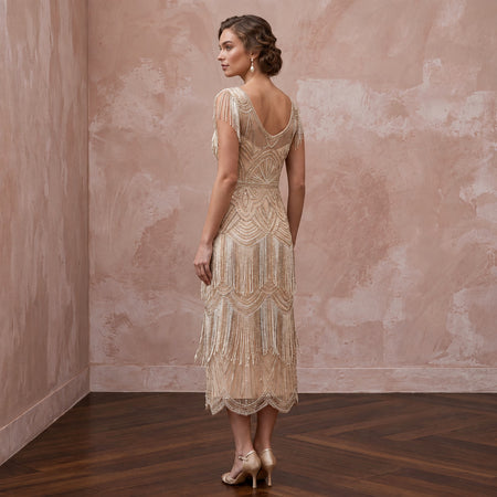 Champagne Beaded Art Deco Fringe Midi Dress for 1920s Themed Party - Apparel & Accessories > Clothing > Wedding & Bridal Party Dresses > Wedding Dresses - Mignonette Bridal