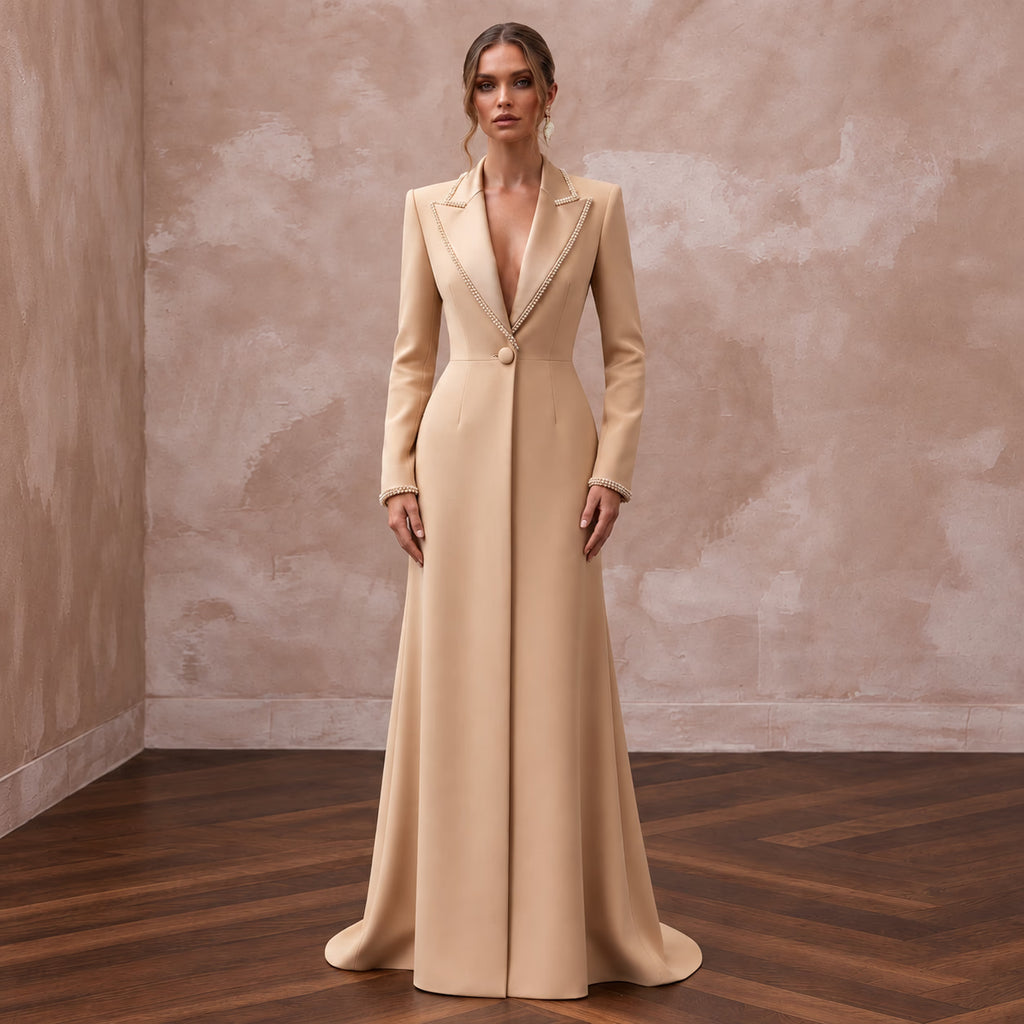 Champagne Crepe Tailored Evening Blazer Dress with Satin Lapels