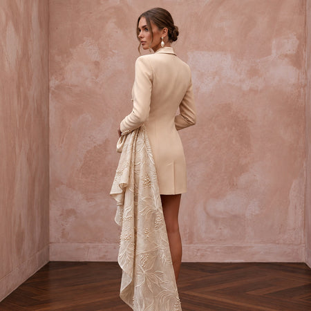 Champagne Crepe Tailored Evening Blazer Dress with Satin Lapels - Apparel & Accessories > Clothing > Wedding & Bridal Party Dresses > Wedding Dresses - Mignonette Bridal