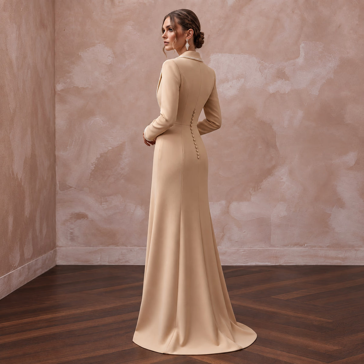 Champagne Crepe Tailored Evening Blazer Dress with Satin Lapels