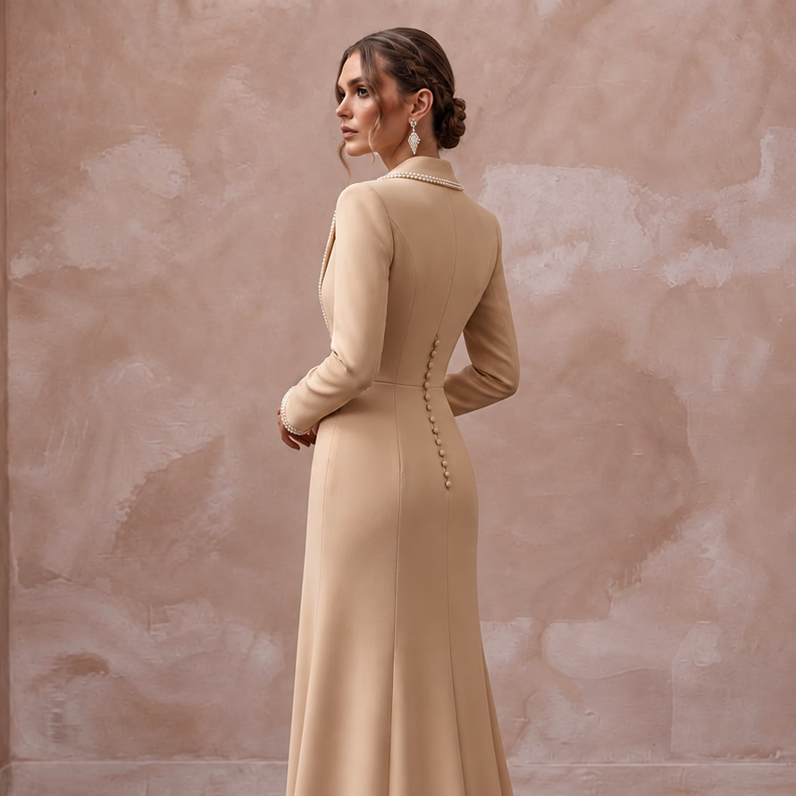 Champagne Crepe Tailored Evening Blazer Dress with Satin Lapels