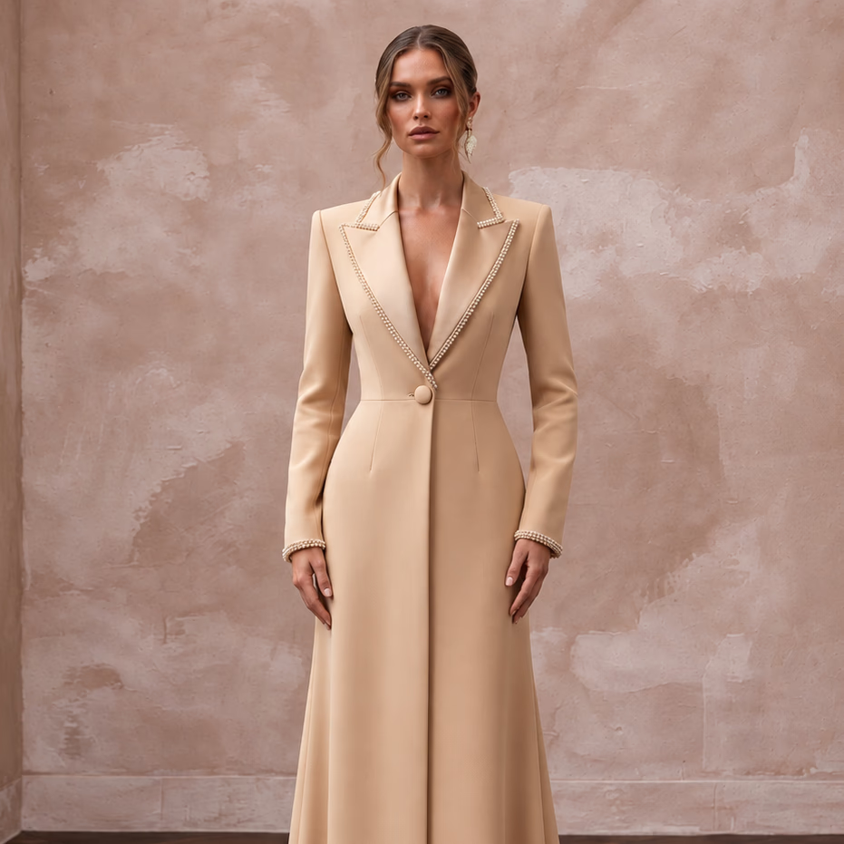 Champagne Crepe Tailored Evening Blazer Dress with Satin Lapels