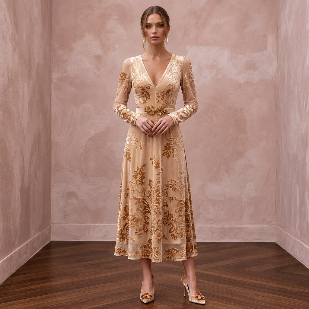 Champagne Floral Burnout Velvet Midi Dress for Autumn Event