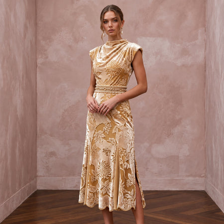 Champagne Floral Burnout Velvet Midi Dress for Autumn Event