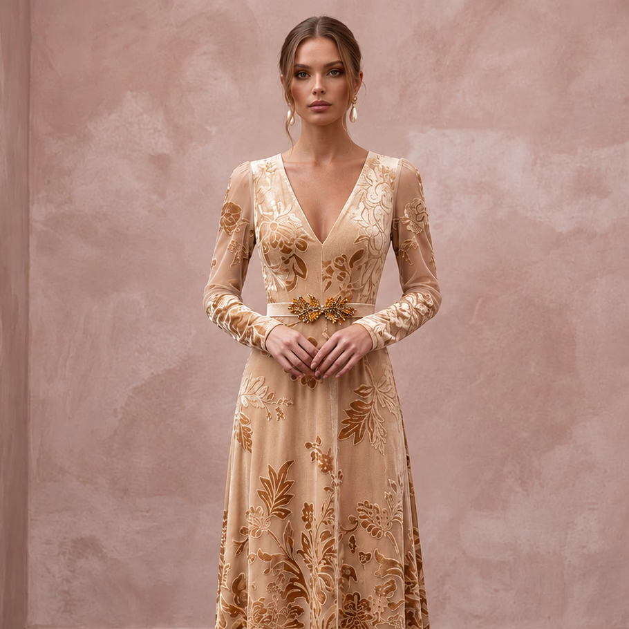 Champagne Floral Burnout Velvet Midi Dress for Autumn Event