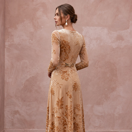 Champagne Floral Burnout Velvet Midi Dress for Autumn Event