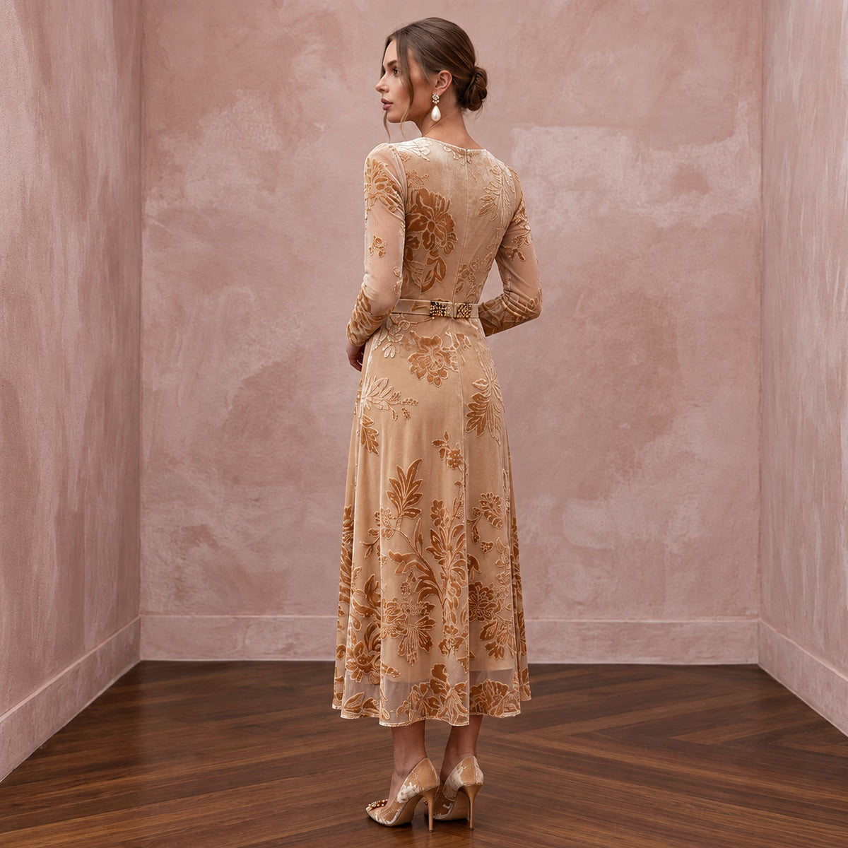 Champagne Floral Burnout Velvet Midi Dress for Autumn Event