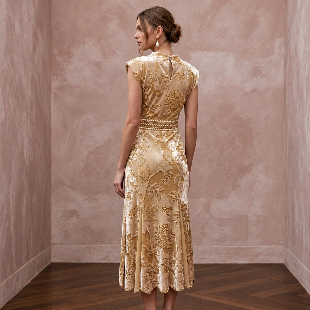 Champagne Floral Burnout Velvet Midi Dress for Autumn Event