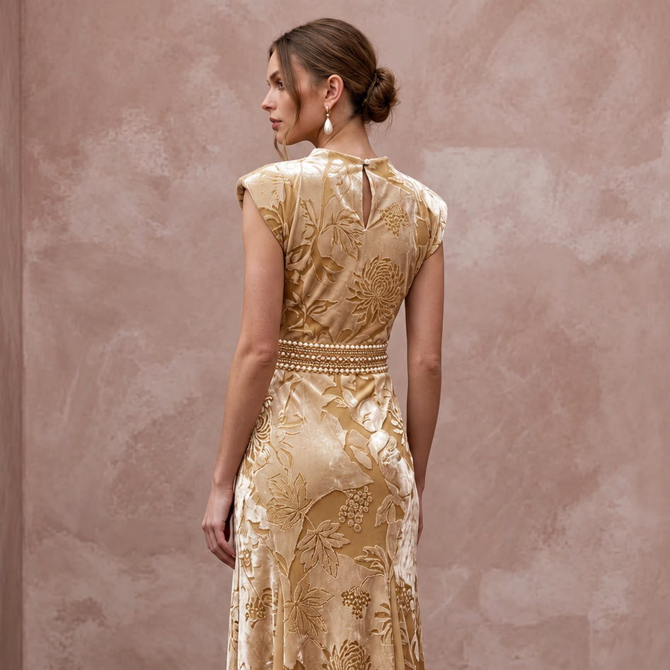Champagne Floral Burnout Velvet Midi Dress for Autumn Event