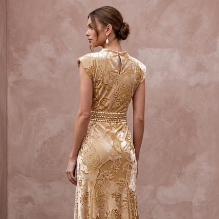 Champagne Floral Burnout Velvet Midi Dress for Autumn Event