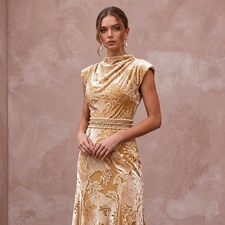 Champagne Floral Burnout Velvet Midi Dress for Autumn Event