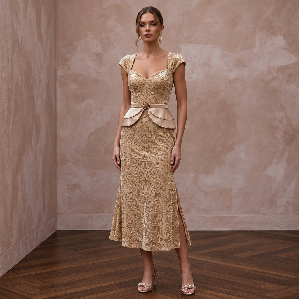 Champagne Floral Burnout Velvet Midi Dress for Autumn Wedding Guest