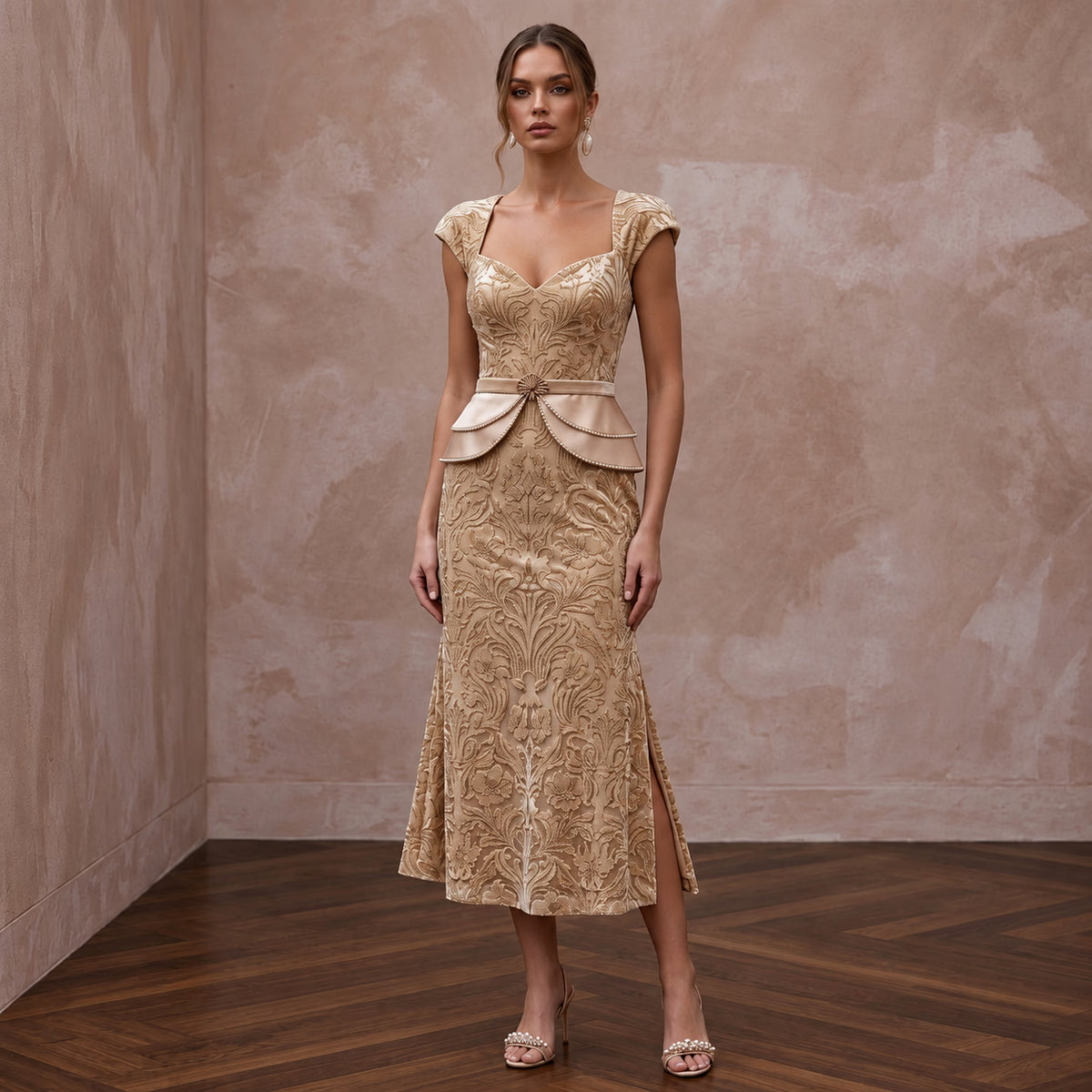 Champagne Floral Burnout Velvet Midi Dress for Autumn Wedding Guest