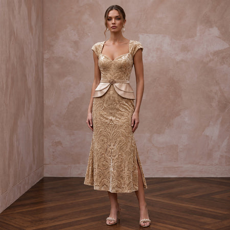 Champagne Floral Burnout Velvet Midi Dress for Autumn Wedding Guest