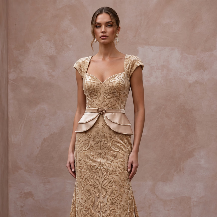 Champagne Floral Burnout Velvet Midi Dress for Autumn Wedding Guest