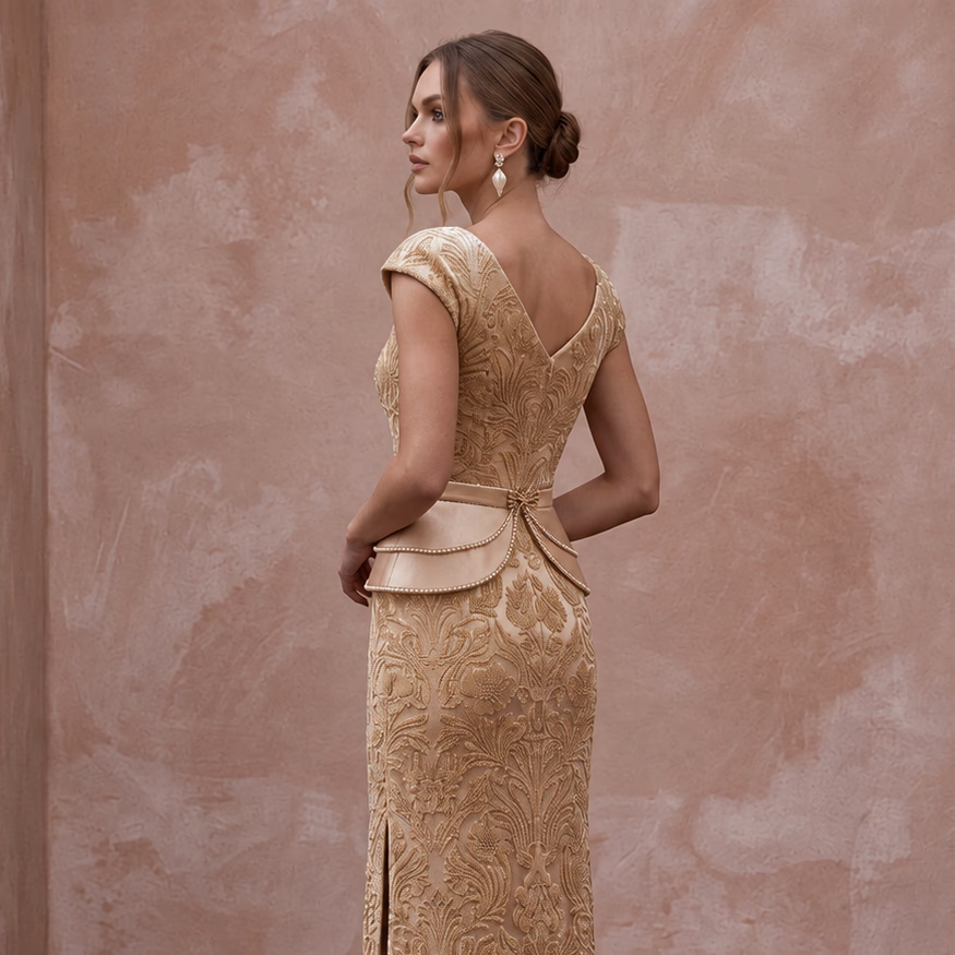 Champagne Floral Burnout Velvet Midi Dress for Autumn Wedding Guest