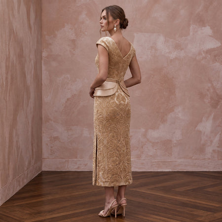 Champagne Floral Burnout Velvet Midi Dress for Autumn Wedding Guest