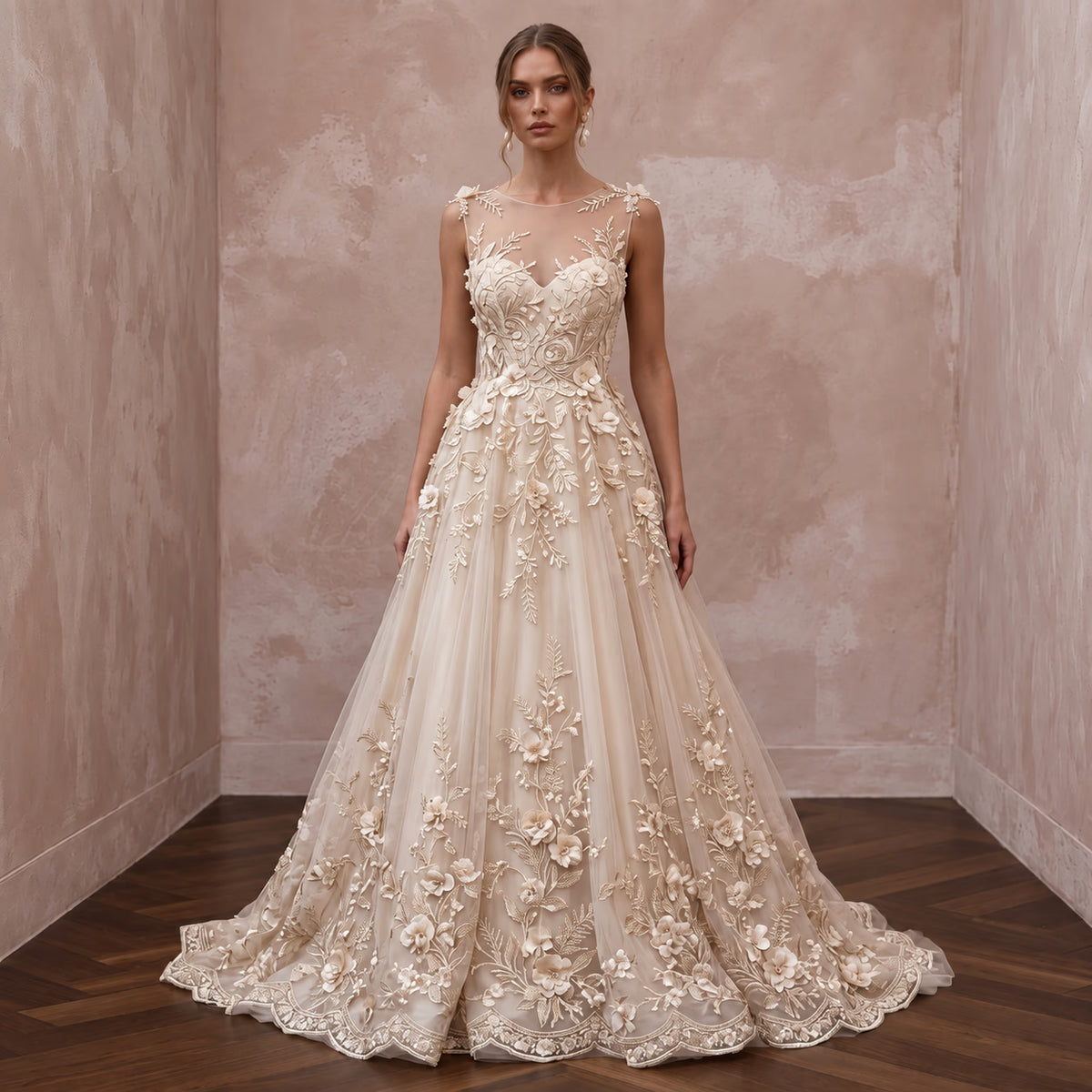 Champagne Floral Embroidered Illusion Neckline A-Line Wedding Dress Main image