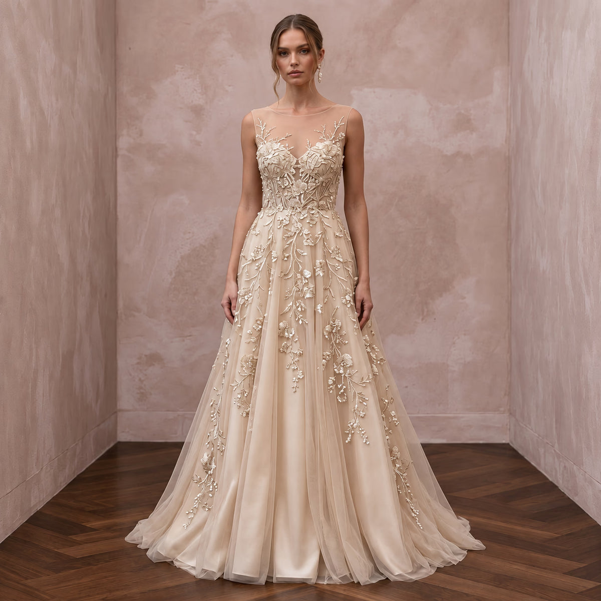 Champagne Floral Embroidered Illusion Neckline A - Line Wedding Dress - Apparel & Accessories > Clothing > Wedding & Bridal Party Dresses > Wedding Dresses - Mignonette Bridal