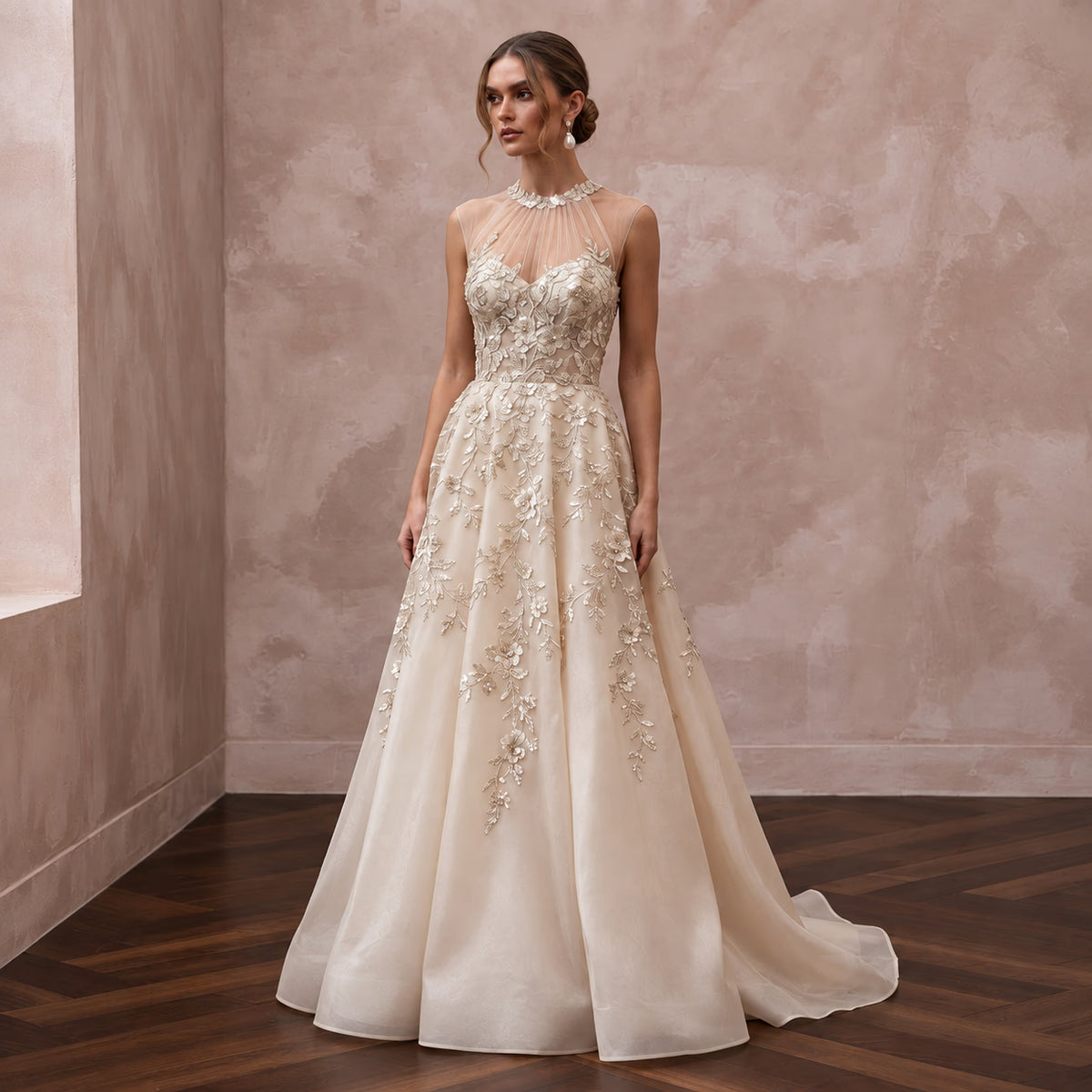 Champagne Floral Embroidered Illusion Neckline A-Line Wedding Dress