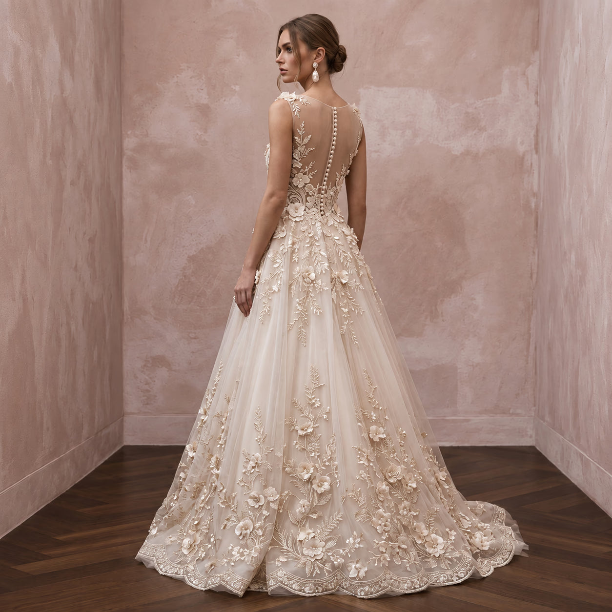 Champagne Floral Embroidered Illusion Neckline A-Line Wedding Dress Secondary image