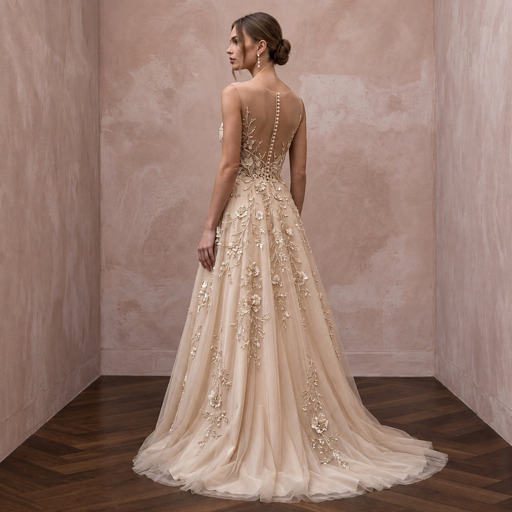 Champagne Floral Embroidered Illusion Neckline A - Line Wedding Dress - Apparel & Accessories > Clothing > Wedding & Bridal Party Dresses > Wedding Dresses - Mignonette Bridal