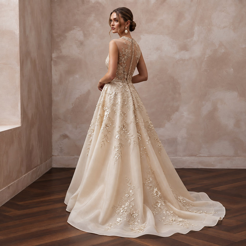 Champagne Floral Embroidered Illusion Neckline A-Line Wedding Dress