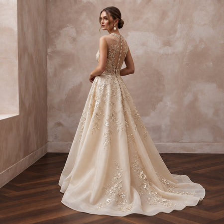 Champagne Floral Embroidered Illusion Neckline A-Line Wedding Dress