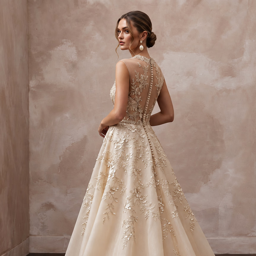 Champagne Floral Embroidered Illusion Neckline A-Line Wedding Dress