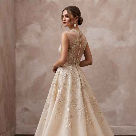 Champagne Floral Embroidered Illusion Neckline A-Line Wedding Dress