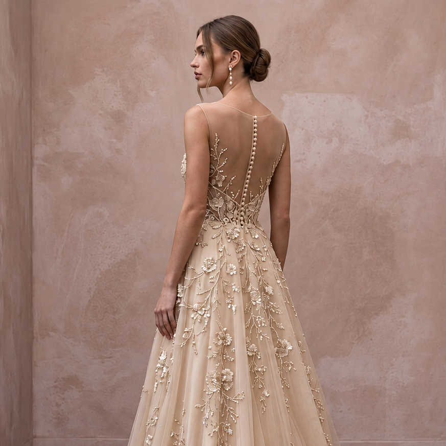 Champagne Floral Embroidered Illusion Neckline A - Line Wedding Dress - Apparel & Accessories > Clothing > Wedding & Bridal Party Dresses > Wedding Dresses - Mignonette Bridal