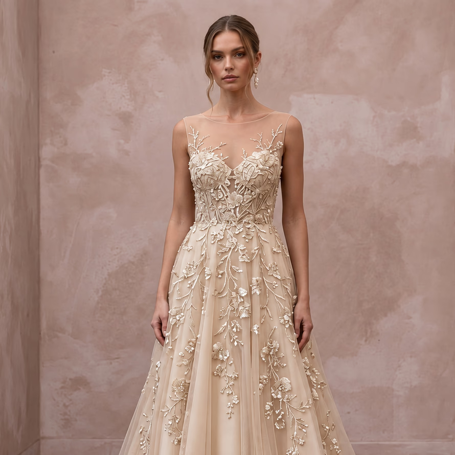 Champagne Floral Embroidered Illusion Neckline A - Line Wedding Dress - Apparel & Accessories > Clothing > Wedding & Bridal Party Dresses > Wedding Dresses - Mignonette Bridal
