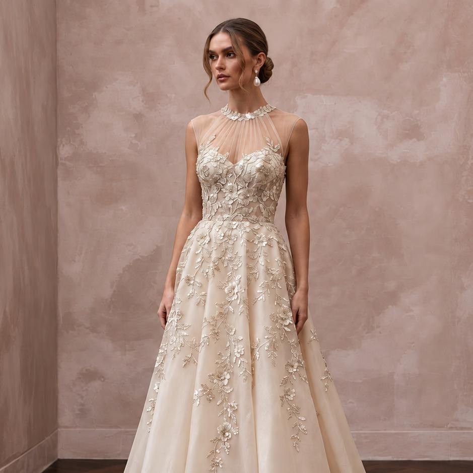 Champagne Floral Embroidered Illusion Neckline A-Line Wedding Dress