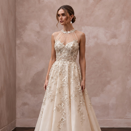 Champagne Floral Embroidered Illusion Neckline A-Line Wedding Dress