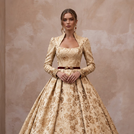 Champagne Floral Jacquard Ball Gown for Autumn Castle Wedding