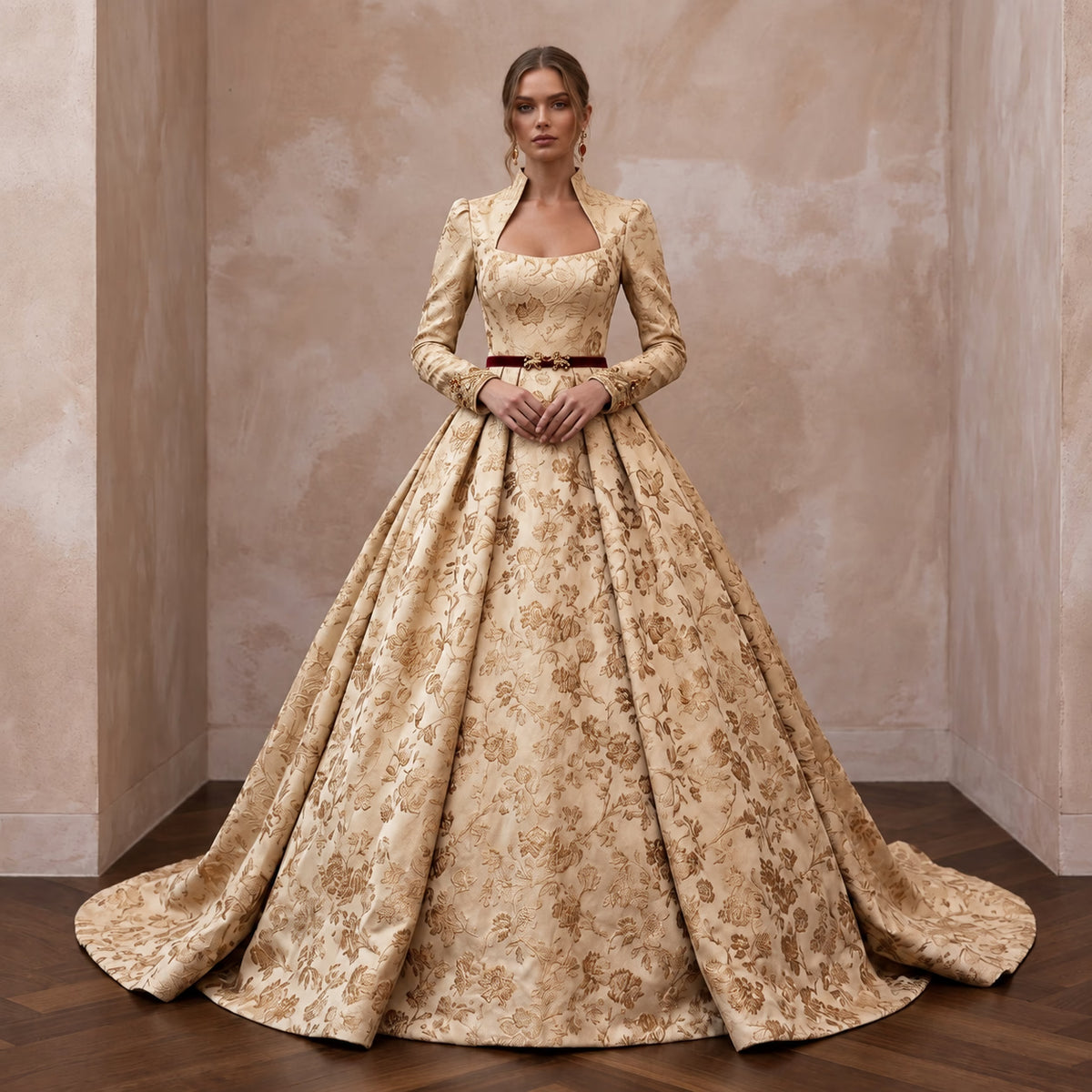 Champagne Floral Jacquard Ball Gown for Autumn Castle Wedding - Apparel & Accessories > Clothing > Wedding & Bridal Party Dresses > Wedding Dresses - Mignonette Bridal Main image