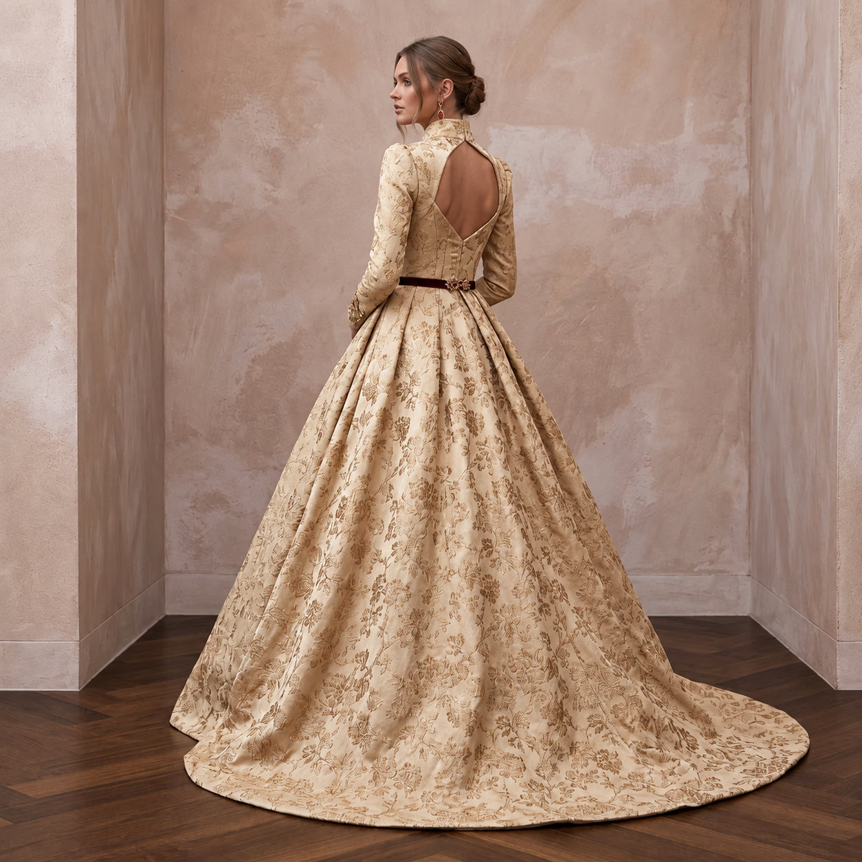 Champagne Floral Jacquard Ball Gown for Autumn Castle Wedding Secondary image
