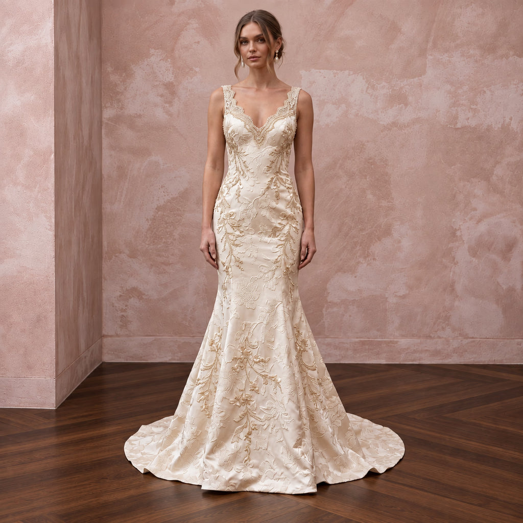Champagne Floral Jacquard V-Neck Fit-and-Flare Wedding Dress
