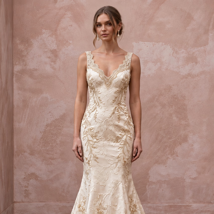 Champagne Floral Jacquard V-Neck Fit-and-Flare Wedding Dress