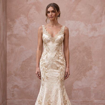 Champagne Floral Jacquard V-Neck Fit-and-Flare Wedding Dress