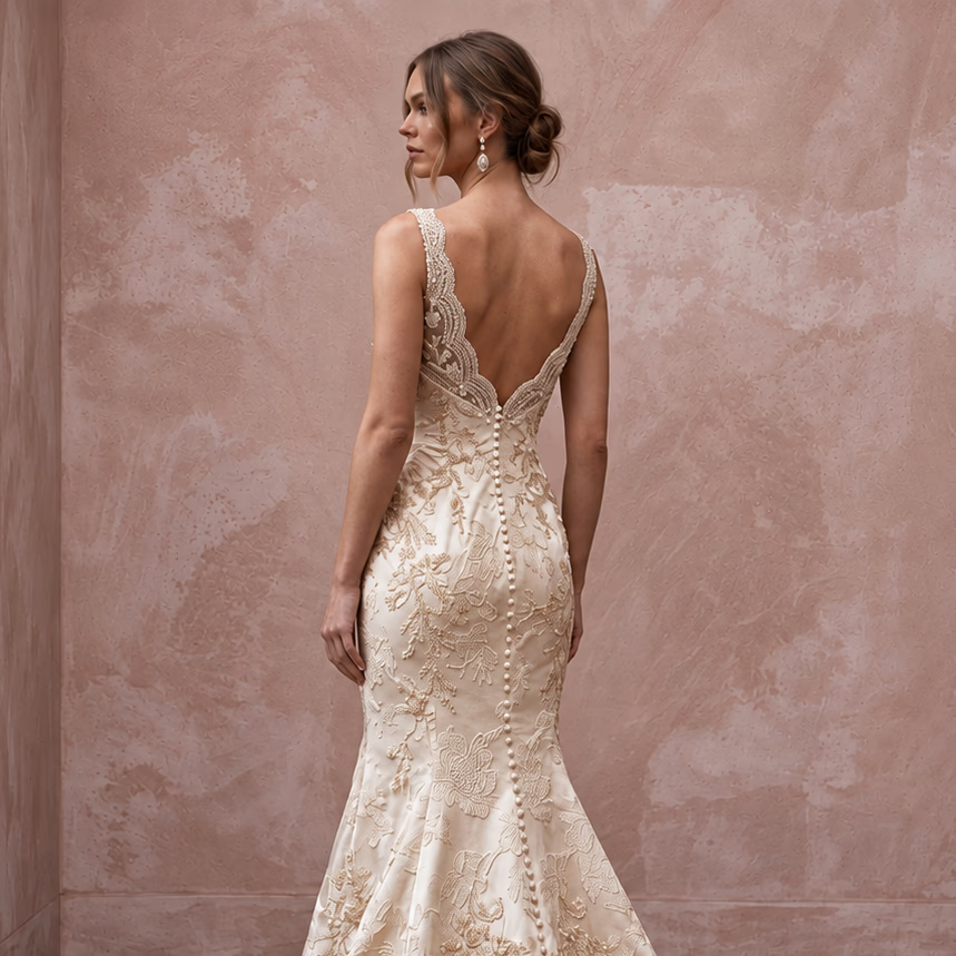 Champagne Floral Jacquard V-Neck Fit-and-Flare Wedding Dress