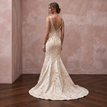 Champagne Floral Jacquard V-Neck Fit-and-Flare Wedding Dress