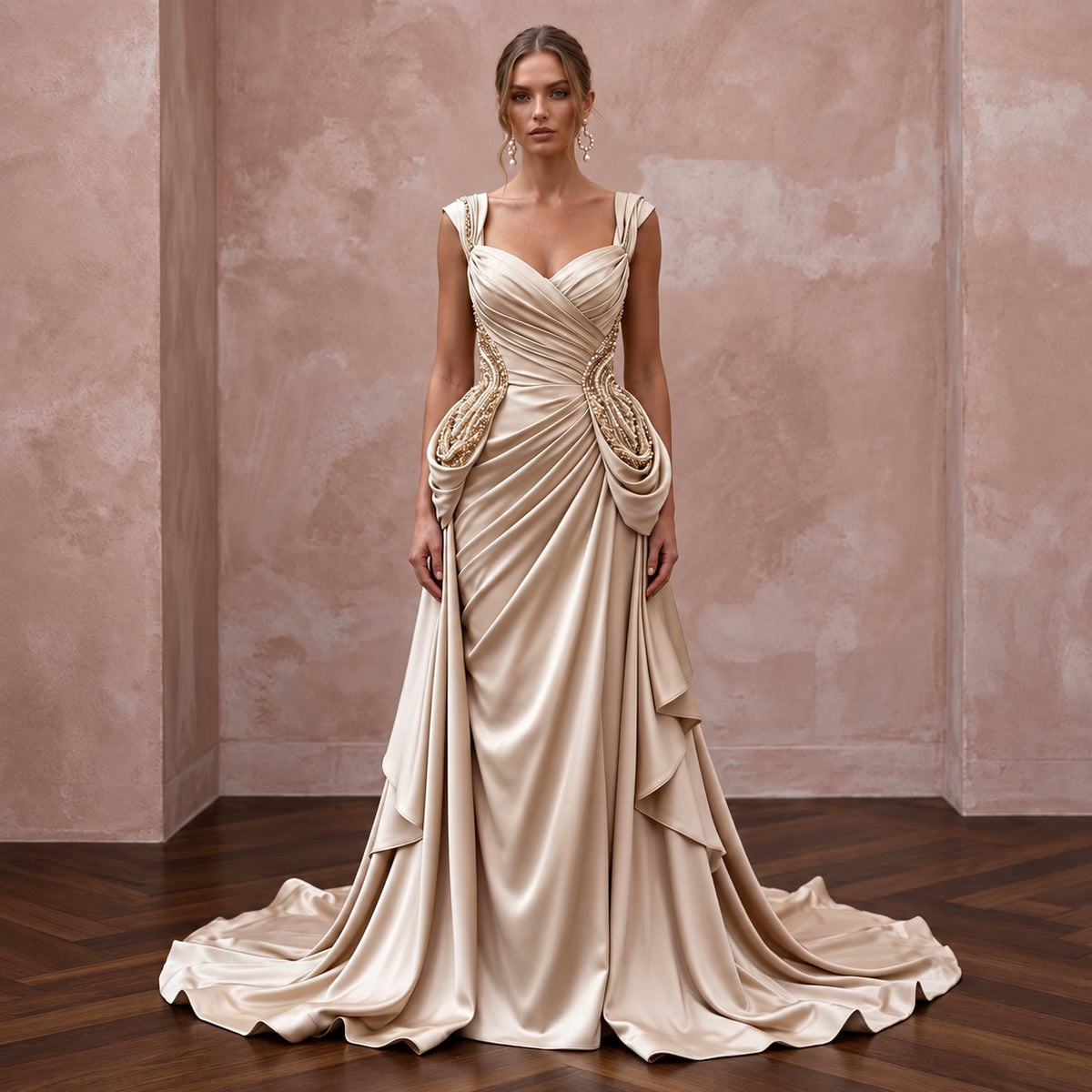 Champagne Heavy Satin Draped Grecian Goddess Wedding Dress Main image