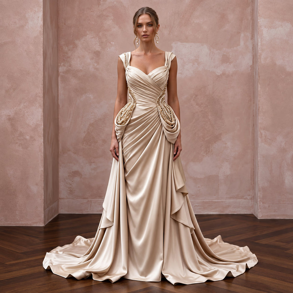 Champagne Heavy Satin Draped Grecian Goddess Wedding Dress