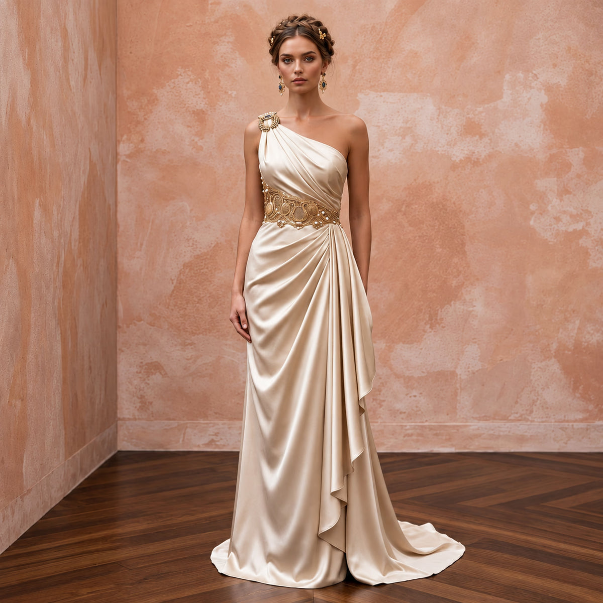 Champagne Heavy Satin Draped Grecian Goddess Wedding Dress Main image
