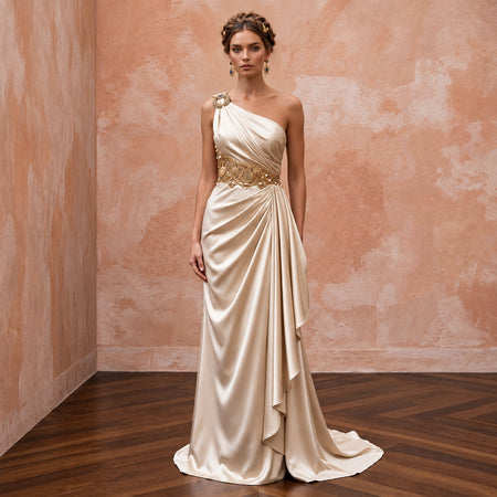 Champagne Heavy Satin Draped Grecian Goddess Wedding Dress