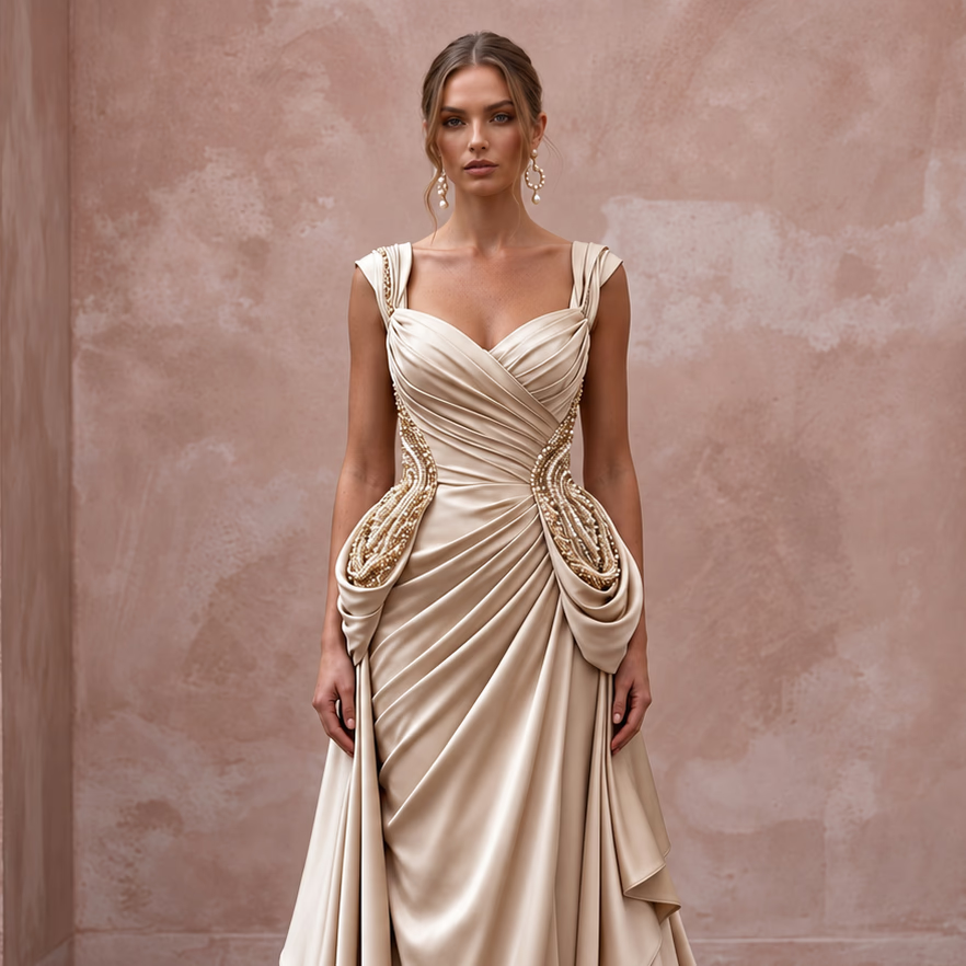 Champagne Heavy Satin Draped Grecian Goddess Wedding Dress