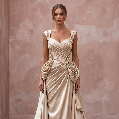 Champagne Heavy Satin Draped Grecian Goddess Wedding Dress
