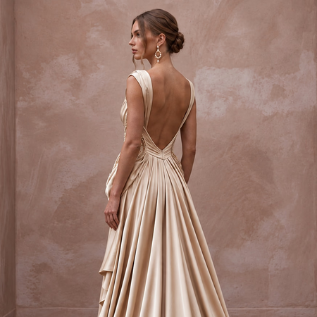 Champagne Heavy Satin Draped Grecian Goddess Wedding Dress